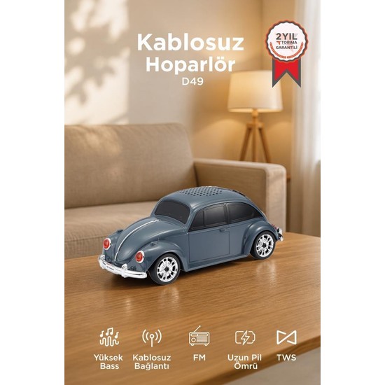 Torima Bluetooth Hoparlör Retro Araba Voswos USB TF FM Speaker D49 Gri