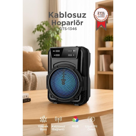 Torima Bluetooth Hoparlör Rgb Ledli USB TF FM Radyo Hoparlör GTS-1346 Siyah