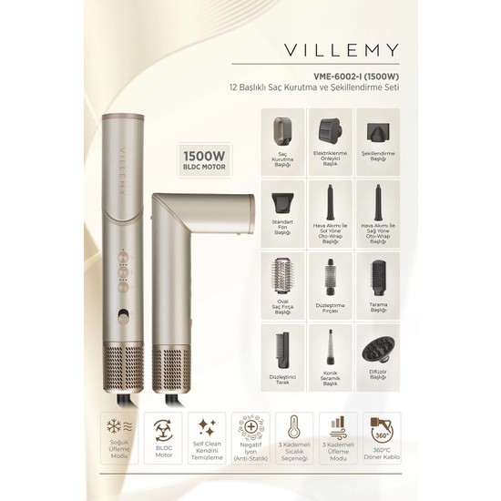Villemy 12’si 1 Arada Saç Kurutma ve Şekillendirme Seti 1500 W BLDC Motor 3 Kademeli Hız Ayarı -VME-6002-I