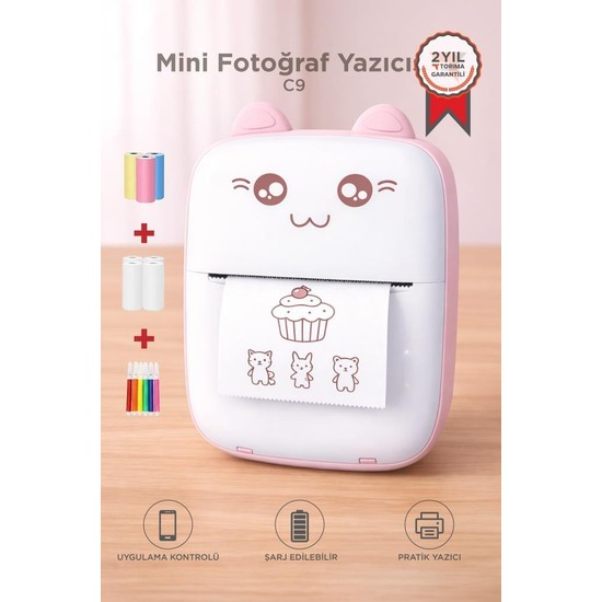 Torima Yazıcı Termal Kablosuz Bağlantılı Ap Kontrol Taşınabilir Mini Yazıcı C9 Pembe