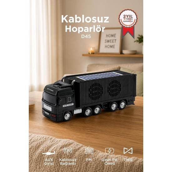 Torima Bluetooth Hoparlör Güneş Enerjili Tır Tasarımlı FM USB AUX Speaker D45 Siyah