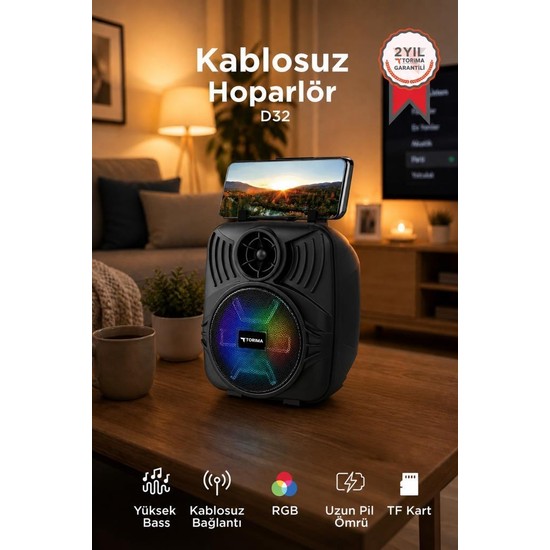 Torima Bluetooth Hoparlör Telefon Tutacaklı Taşınabilir Şarjlı USB TF Kablosuz Speaker D32 Siyah