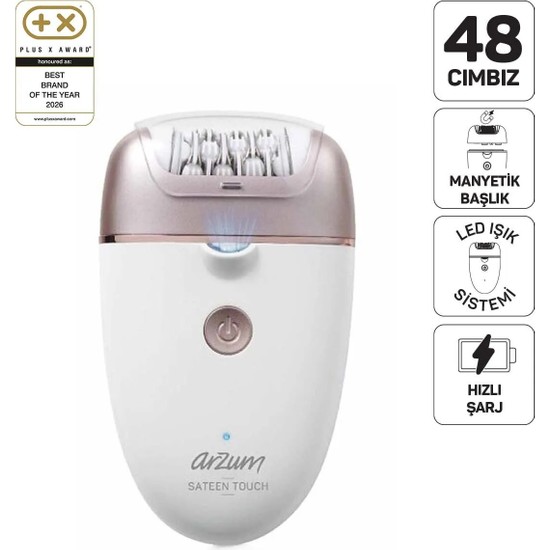 Arzum AR5175 Sateen Touch Şarjlı Epilasyon Seti, 48 Cımbızlı Başlık, 2 Farklı Hız Ayarı, Led Işık Sistemi