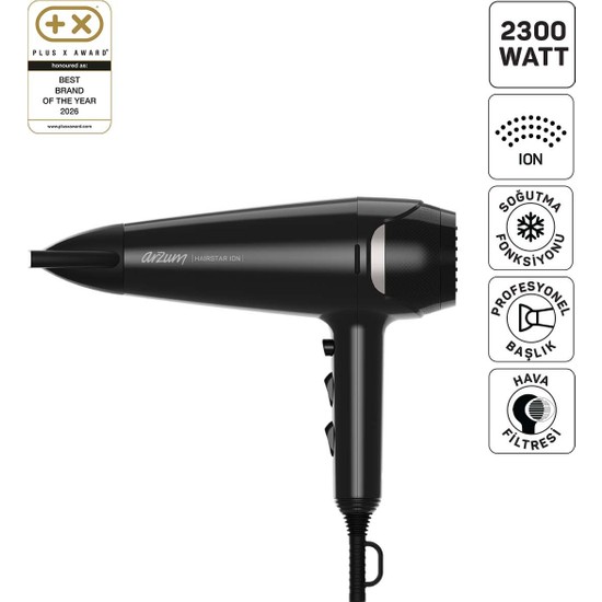 Arzum AR5138 Hairstar Ion Saç Kurutma Makinesi 2300 W, 2 Hız, 3 Isı Ayarı, Siyah