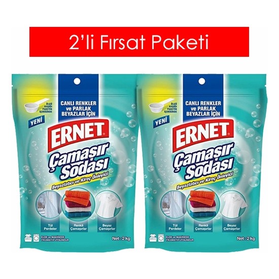 Ernet 2 kg x 2 Çamaşır Sodası Beyazlar ve Renkliler İçin Kireç Önleyici Standart Koku