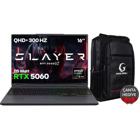 Game Garaj Slayer R9T-5060 V2 C7 Amd Ryzen 9 8945HX 16GB Ram 1tb SSD RTX5060 16" 300Hz Qhd+ IPS Freedos Gaming Laptop