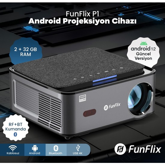 Funflix P1A Android 4K Destekli LED Full Hd Projeksiyon Cihazı, 2gb Ram 32 GB Depo, Bluetooth Kumanda, 150W Lamba, 300 Inç Görüntü