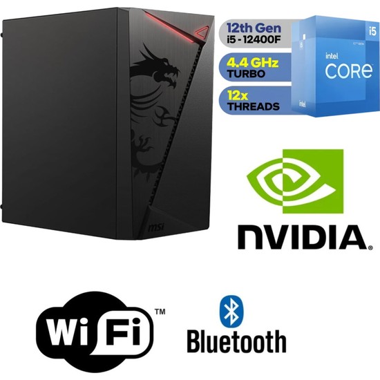 MSI Şafak-Ofis Pc Intel Core I5 12400F  Gt 4gb Ekran Kartı 16GB Ram 500GB M.2 SSD 600W Win 11 Pro Wi-Fi Masaüstü Ofis ve Iş Bilgisayarı Kasa
