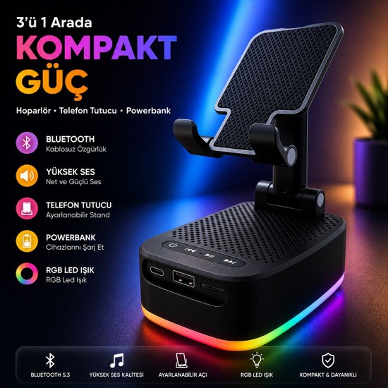 Rose Teknoloji Rgb Ledli 3 In 1 Telefon Tutucu Powerbank ve Bluetooth Hoparlör Özellikli Tf Kart ve USB Bellek Destekli Taşınabilir  Telefon Tutu