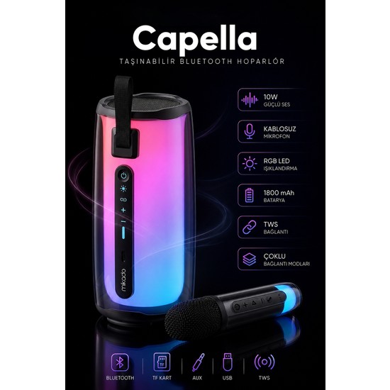 Mikado Md-17bt Capella Siyah 10w 1 Rgb Mikrofonlu Transparan/Bt/Tf Kart/Aux/Usb Tws 1800 Mah Bataryalı Speaker