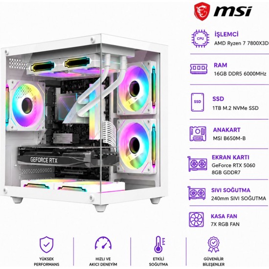 Apphirex Rosa X78 Ryzen 7 7800X3D / Msı B650M-B / RTX5060 8gb / 16GB Ddr5 6000MHZ / 1tb M.2 SSD / 240MM Sıvı Soğutma Beyaz Masaüstü Oyun Bilgisayarı
