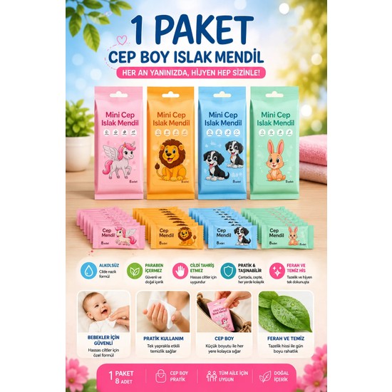 Anı Ofis Kırtasiye Mini Cep Islak Mendil 8'li Paket – Alkolsüz, Paraben İçermez, Çocuk ve Bebekler İçin Pratik Cep Boy Mendil