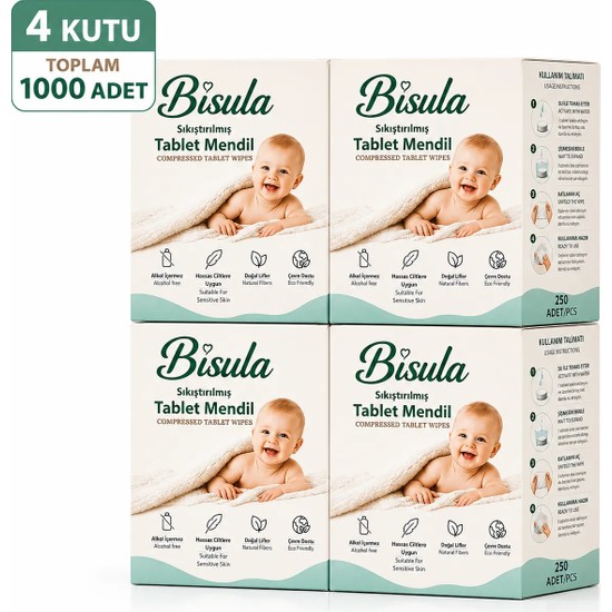 Bisula Sıkıştırılmış Tablet Bebek Mendil 1000 Adet Su ile Açılan Doğal ve Kimyasalsız Temizlik Bezi