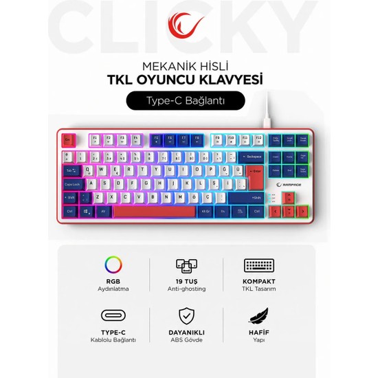 Rampage Clicky Tkl Beyaz/lacivert/kırmızı Mekanik Hisli Rgb Q Membrane Oyuncu Klavyesi