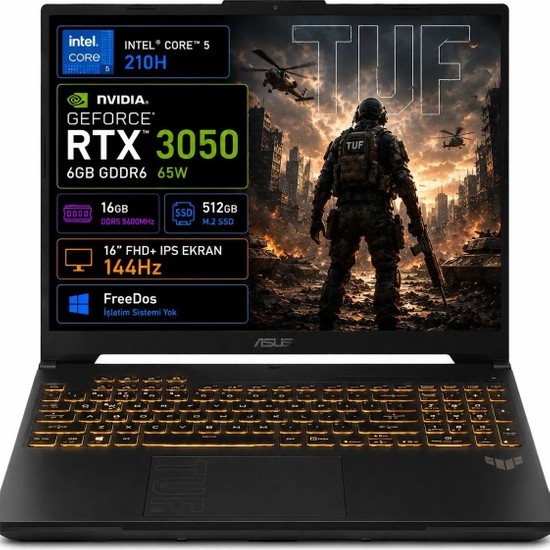 Asus Tuf Gaming F16 FX607VJB-RL037 Intel Core 5 210H 16GB 512GB SSD RTX3050 6 GB 16" Fhd+ Wuxga 144Hz IPS Panel Freedos Taşınabilir Bilgisayar