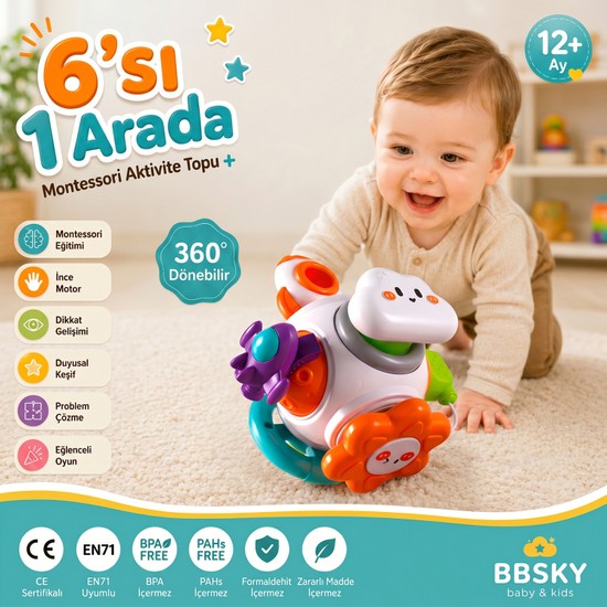 Bbsky Montessori 6'sı 1 Arada Eğitici Bebek Aktivite Topu: 12M+ Seyahat Oyuncağı, Duyusal Gelişim ve Ince Motor Becerileri Için 1 Yaş Doğum Günü Hediyesi