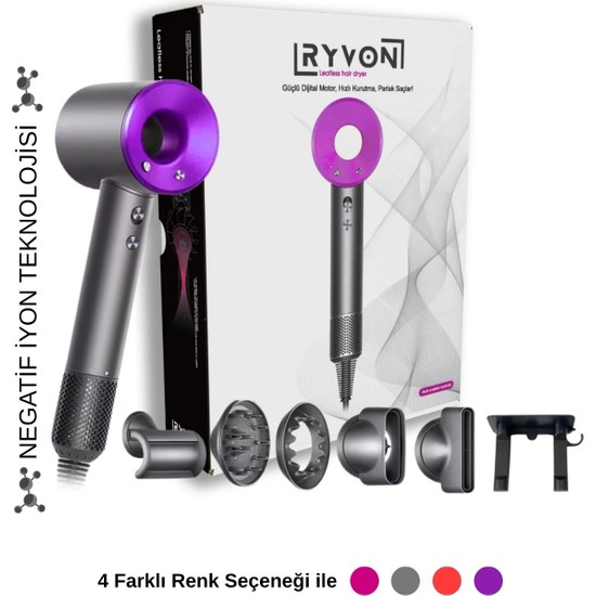 Ryvon Güçlü Saç Kurutma Makinesi 1500 W 3 Kademe Hız Ayarı ve Difüzör ile Mor Renkli