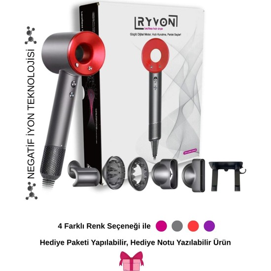 Ryvon Güçlü Saç Kurutma Makinesi 5 Başlıklı 1500 W 3 Kademe Hız Ayarı ve Difüzör ile Kırmızı Renk