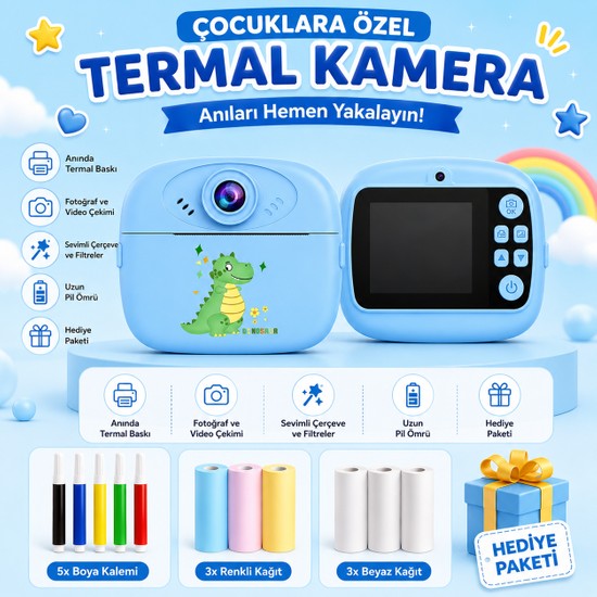 Robeve Çocuk Termal Baskılı Fotoğraf Makinesi – Anında Baskı Özellikli Çocuk Kamerası, Fotoğraf ve Video Çekimi, Çerçeveler ve Filtreler, Şarj Edilebilir Çocuk Kamerası, Hediye Kağıt ve Kalem Setli