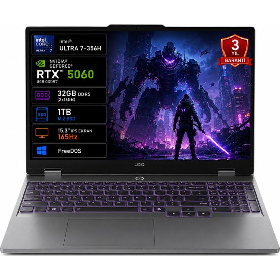Lenovo Loq 15IPH11 83SL001PTR Intel Core Ultra 7-356H 32GB 1tb SSD RTX5060 8gb Tgp 115W 15.3" IPS 165Hz Freedos Taşınabilir Bilgisayar