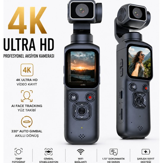 Robeve 4K Ultra Hd Gimbal Aksiyon Kamerası Aı Yüz Takipli Wifi Bağlantılı 330° Otomatik Stabilizasyonlu Taşınabilir Vlog ve Içerik Üretici Kamerası 75MP Fotoğraf Destekli Profesyonel Cep Kamerası