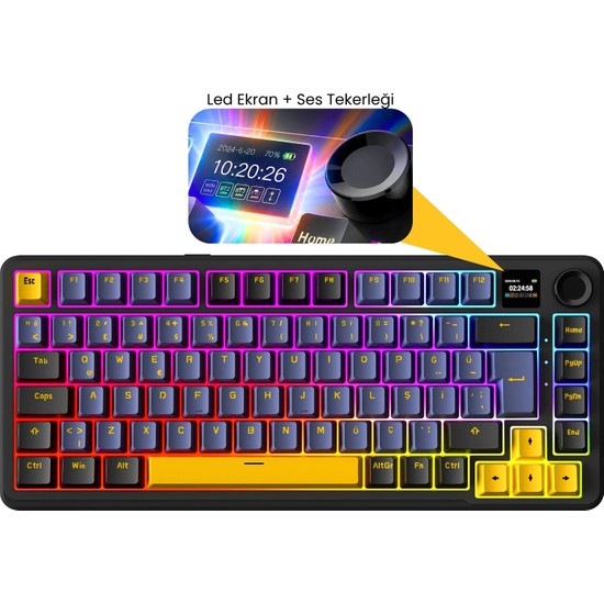 Rampage Kenpachi Ekranlı Oil Switch 2.4g+Bt+Wireless+Kablolu Rgb Hot Swap Gasket Mekanik Klavye Oyuncu Klavyesi