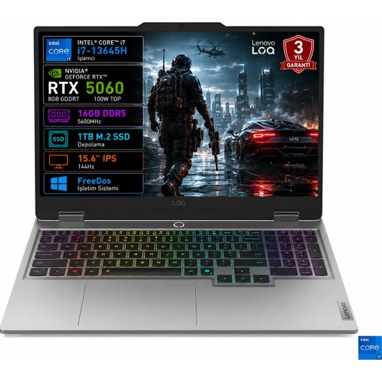 Lenovo Loq 15IRX10 83JE01BETR I7-13645HX 16GB 1tb SSD RTX5060 8gb Tgp 100W 15.6" IPS 144Hz Freedos Taşınabilir Bilgisayar