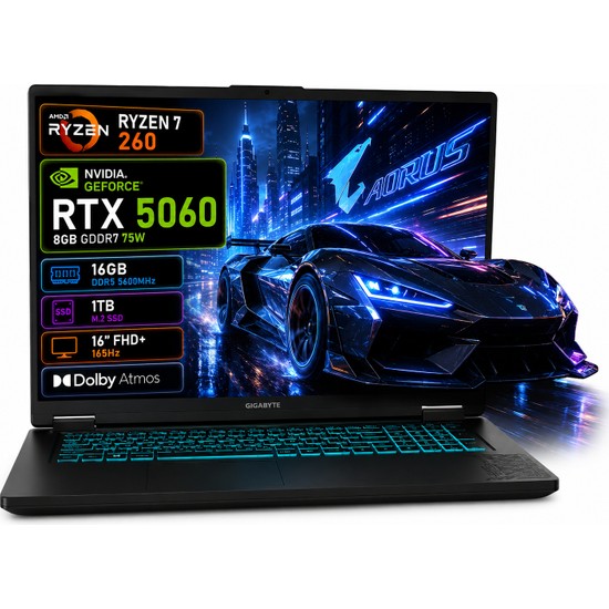 Gigabyte Gaming A16 Ryzen7-260 RTX5060-8GB-75W 16GB DDR5 1TB M.2 16" 165Hz FHD+ FreeDos Oyuncu Bilgisayarı