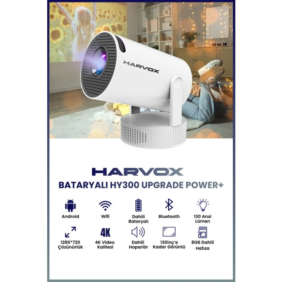 Harvox HY300 Upgrade Power+ Bataryalı Projeksiyon Cihazı Taşınabilir 4K Destekli Android Sistemli Projektör