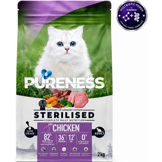 Pureness Az Tahıllı Tavuklu Kısırlaştırılmış Kedi Maması 2 kg %82 Hayvansal Protein Postbiyotik Formül Üriner Sistem Desteği Kilo Kontrolü Tüy Yumağı Kontrolü L-Karnitin