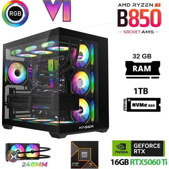 Xaser Lexus X690 Ryzen 7 7800X3D 32GB Ram 1tb M.2 Nvme SSD 16GB RTX5060 Ti Sıvı Soğutmalı Masaüstü Oyuncu Bilgisayarı