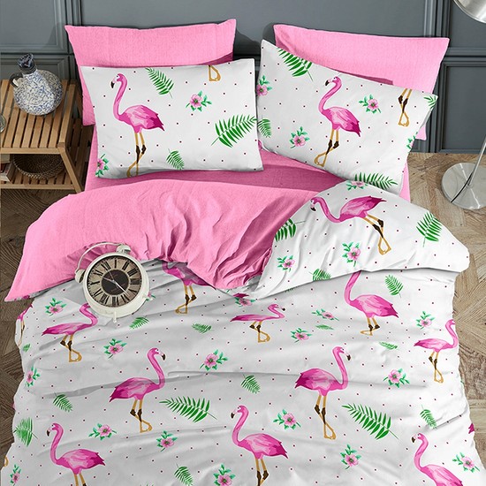 Lorien Flamingo Desenli Tek Kişilik, Lastikli Çarşaflı, Çift Taraf Kullanımlı Nevresim Takımı