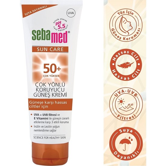 Sebamed Sun Care UVA / UVB Filtresi ve E Vitamini Üçlü Yüksek Koruma Çok Yönlü Güneş Kremi 50 SPF 50 ml
