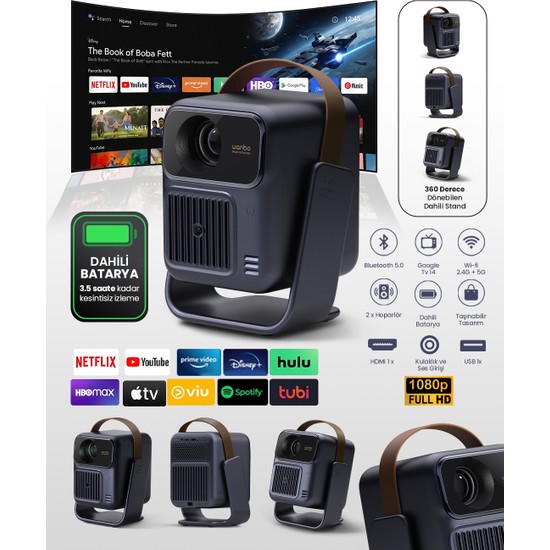 Wanbo Togo Pro Android Tv 14 Taşınabilir,bataryalı Full Hd 500 Ansı Dahili Standlı Projeksiyon Cihazı