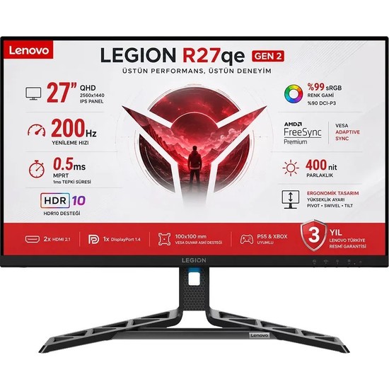 Lenovo Legion R27QE Gen 2 27" 0.5 Ms (Mprt) 200Hz (2xHDMI-Displayport) HDR10 AMD Freesync Premium IPS Panel 2K QHD (2560 x 1440) Pivot Gaming Monitör 68C7GAC3TK