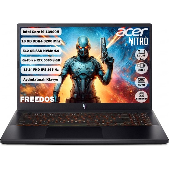 Acer ANV15-52 i9-13900H 16 GB Ram 512 GB SSD Rtx 5060 15.6" Fhd IPS 165 Hz Freedos NH.QZ8EY.004