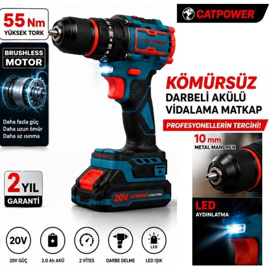 Catpower 1050 Kömürsüz Darbeli Şarjlı Matkap Vidalama 20V 2.0AH 55 Nm Brushless Çift Akülü 70 Parça Set