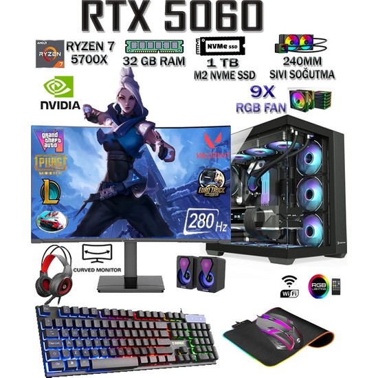 Teknocity Tcx1 Ryzen 7 5700X 32GB 1tb M.2 SSD RTX5060 27" 280HZ Sıvı Soğutmalı Oyuncu Bilgisayarı Hazır Sistem