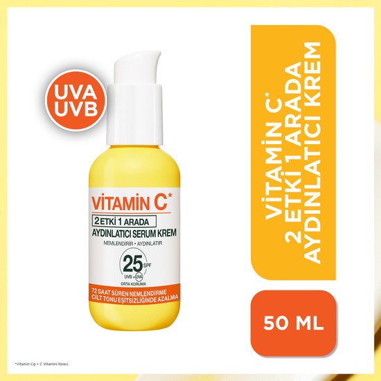 Garnier Vitamin C 2'si 1 Arada Aydınlatıcı Serum Krem, Uva, Uvb, Yüz Güneş Kremi