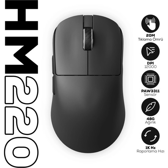 Hawk Gaming Chair Hawk Gaming HM220 1K Hz 12000 DPI Tri-Mode Kablosuz/Bluetooth Siyah Gaming Mouse