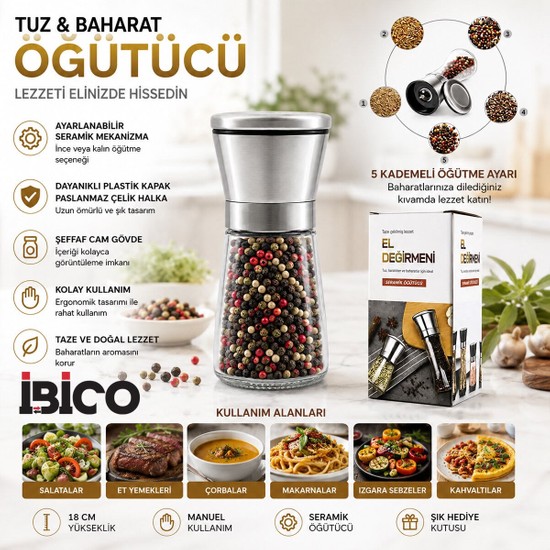 BURADABULDUN Seramik Öğütücülü 5 Kademe Ayarlı Tuz ve Karabiber El Değirmeni - 180 ml Şeffaf Cam Hazne 13 cm