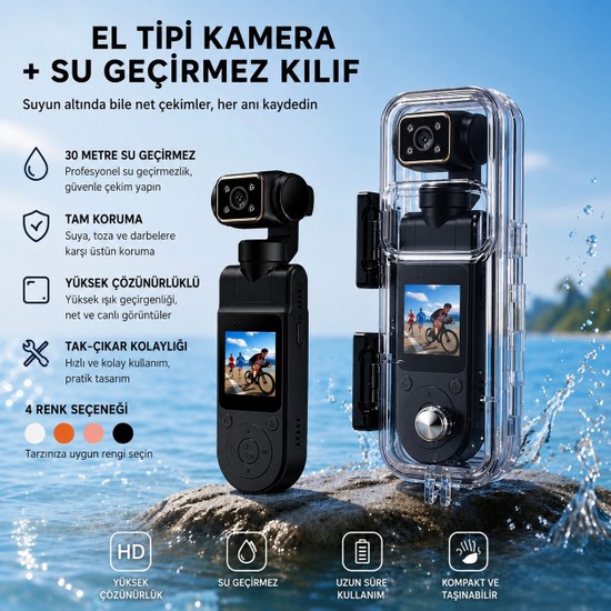 Azurtech El Tipi Aksiyon Kamerası + 30 Metre Su Geçirmez Kılıf | Gimbal Destekli Mini Vlog Kamerası