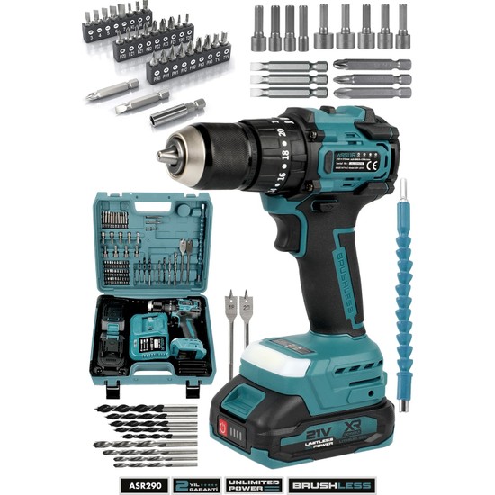 Assur 21V Çift Akülü Kömürsüz Motor 13MM Çelik Mandren Şarjlı Darbeli Matkap