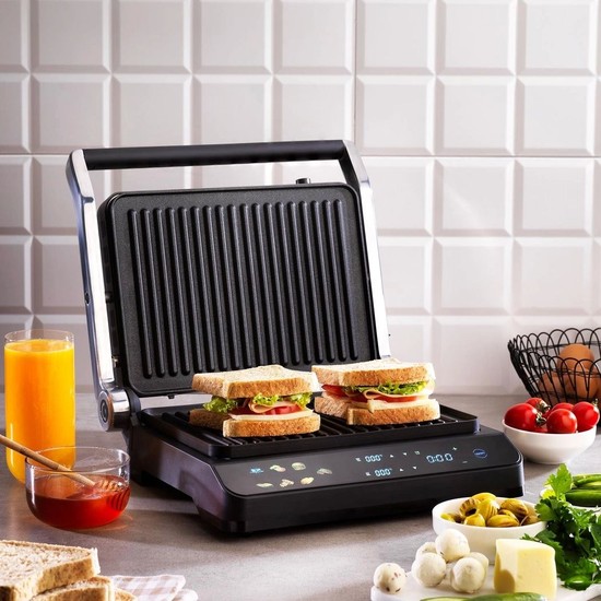 Schafer Digichef Tost ve Izgara Makinesi-Inox 2000W Yanmaz Yapışmaz Kaplı Döküm Plakalar ile
