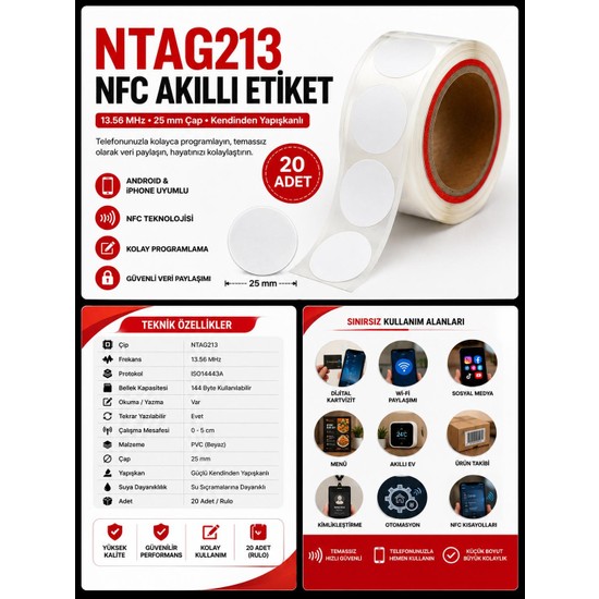 NTAG213 Nfc Kodlanabilir Kilitsiz Yapışkanlı 25MM Akıllı Etiket-20 Adet