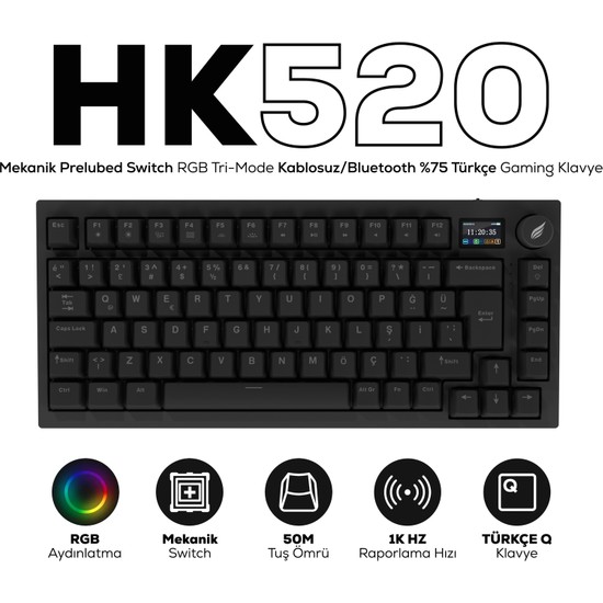 Hawk HK520 Kablosuz Mekanik Gaming Klavye %75 Türkçe Q RGB Aydınlatma ile Oyun Performansınızı Artırın