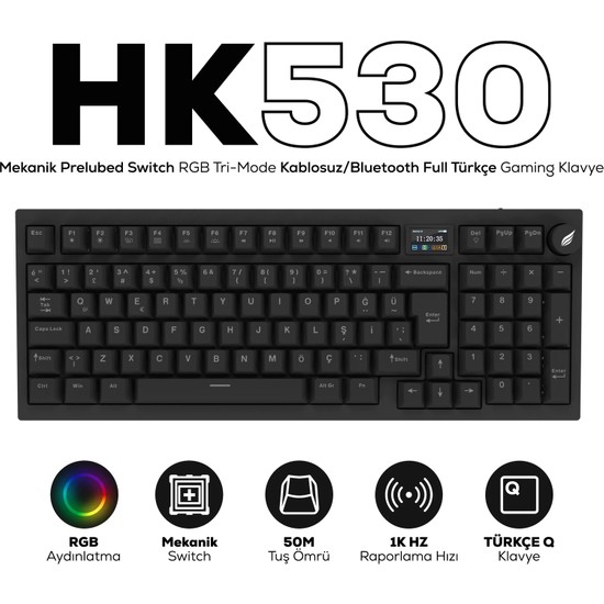 Hawk HK530 Mekanik Prelubed Switch Rgb Tri-Mode Kablosuz/bluetooth Full Türkçe Gaming Klavye