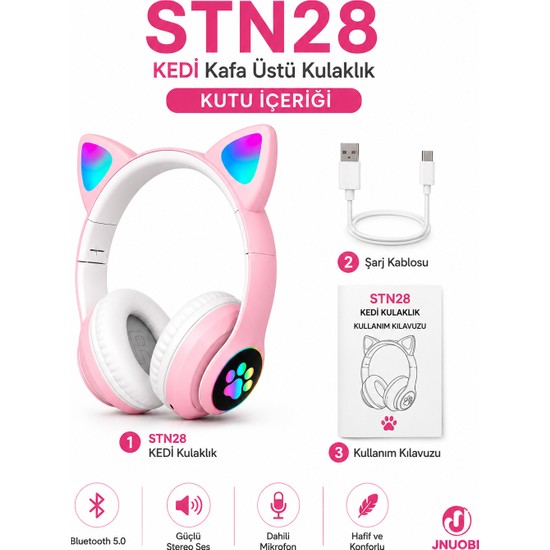 Jnuobi STN28 Kablosuz Bluetooth 5.0 Kedi Kulaklıklı Rgb LED Kafa Üstü Kulaklık – Dahili Mikrofon – Ios & Android Uyumlu