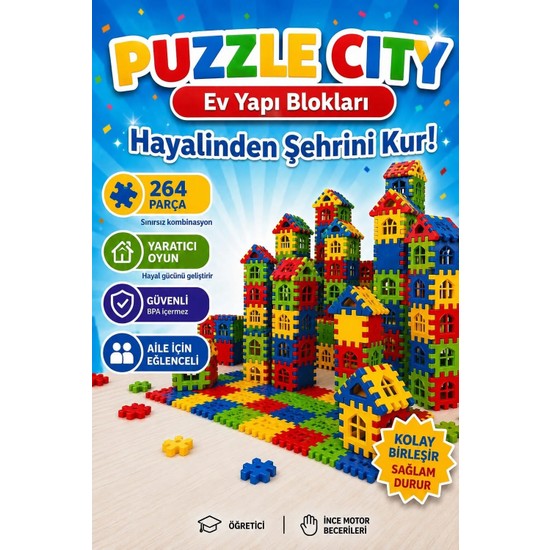 Plastmarket Puzzle City 3D Şehir Kurma Blokları - Eğitici Ev Yapı Blokları Oyuncağı - 264 Parça