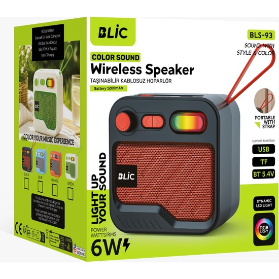 Azurtech Blıc Bls-93 Bluetooth Hoparlör 6W Rgb LED Işıklı Taşınabilir Kablosuz Speaker Usb/tf Destekli 1200 Mah